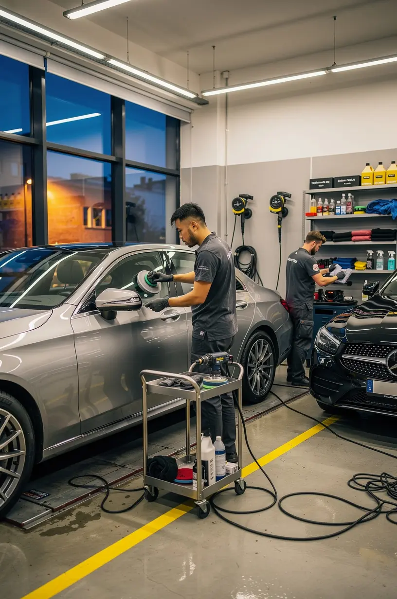 Kundengespräch vor einem Auto in einem deutschen All-in-One-Servicezentrum für Fahrzeugpflege
