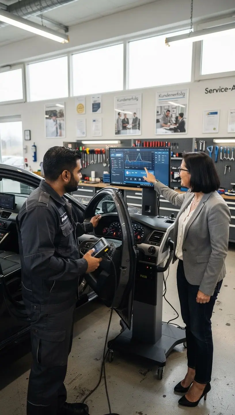 Detailaufnahme eines Motors während präziser Inspektionsarbeiten in einer deutschen Autowerkstatt